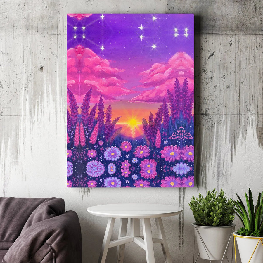 Purple Flower Field Canvas Art | Starry Night Sunset Landscape | Premium 1.25-Inch Gallery Wrap | Whimsical Boho Home Decor Wall Print