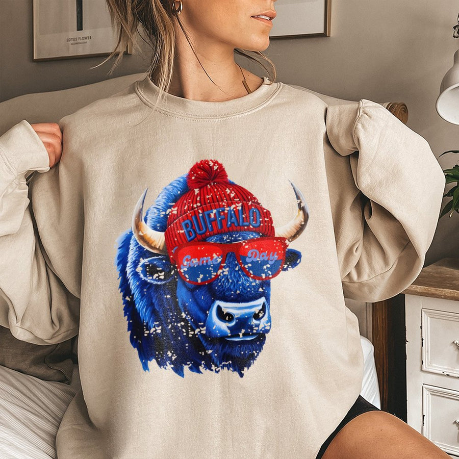 Buffalo Game Day Sweatshirt | Retro Bison In Beanie And Sunglasses | Premium Cotton Blend | Gift For Football Fan Tailgate Apparel