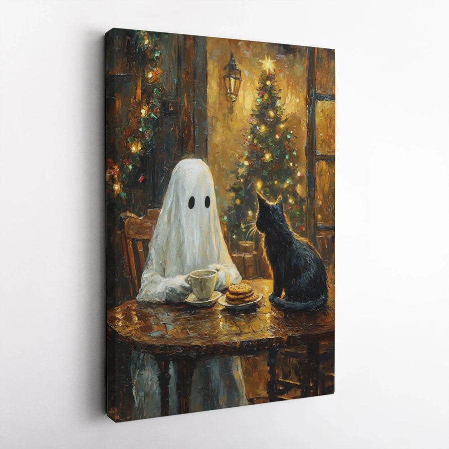 Ghost and Black Cat Christmas Canvas Art | Cozy Holiday Coffee Painting | Gallery-Wrapped Premium Wall Decor | Whimsical Winter Home Gift