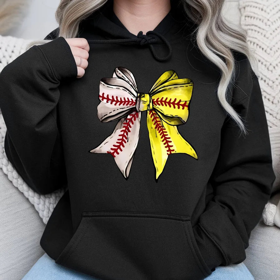 Baseball Softball Bow Hoodie | Coquette Sports Aesthetic Graphic | Premium Cotton Blend | Gift for Baseball Mom or Player