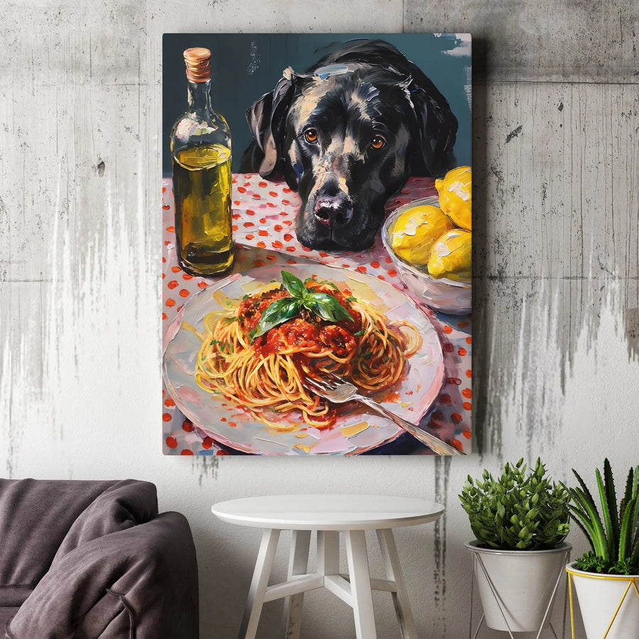 Funny Black Lab Spaghetti Canvas Print | Colorful Italian Kitchen Painting | Premium Gallery Wrapped Canvas | Gift for Dog Lover & Chef