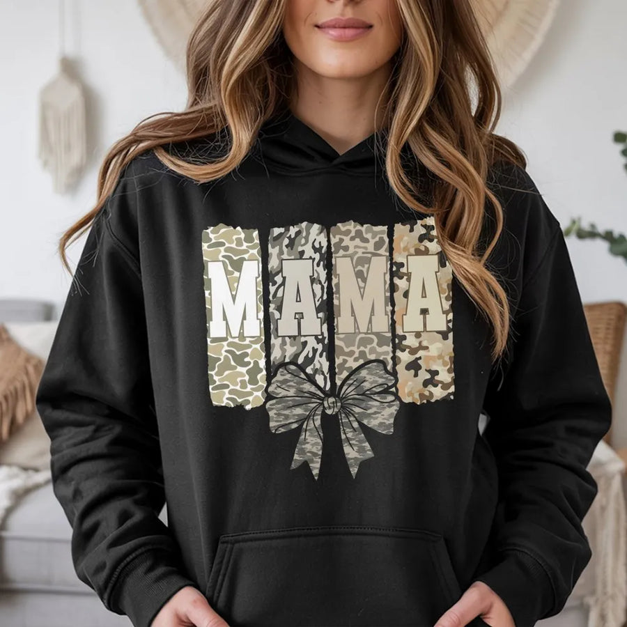 Mama Hoodie with Camo Coquette Bow | Distressed Camouflage Lettering | Premium Cotton Blend | Mother's Day 2026 Gift for Mom Wife Daughter