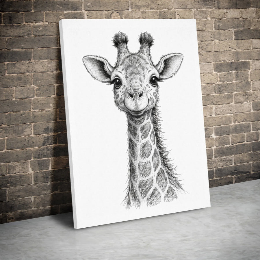 Baby Giraffe Vertical Canvas | Minimalist Pencil Sketch Wall Art | Premium Thick Canvas Print | Nursery Decor Collector's Gift for Kids Room
