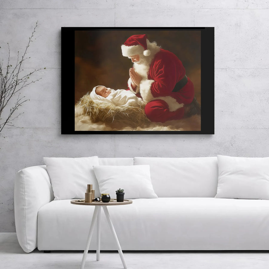 Santa Kneeling Before Baby Jesus Canvas | Religious Christmas Wall Art | Premium Gallery Wrap Decor | Inspirational Nativity Holiday Gift