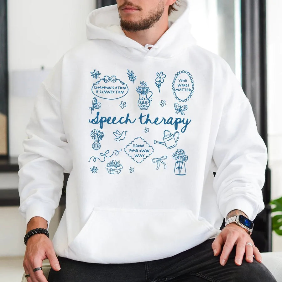 Speech Therapy Hoodie | Floral Doodle Art Graphic Tee | Soft 100% Cotton | Gift for Speech Language Pathologist SLP