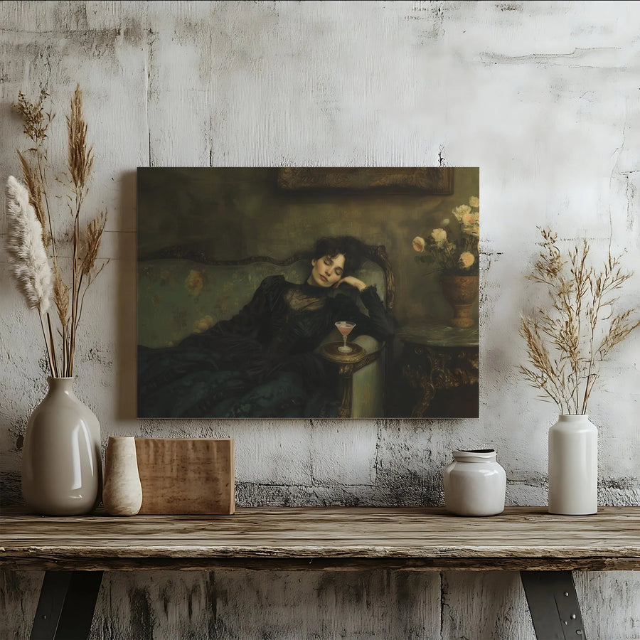 Moody Victorian Portrait Canvas Wall Art | Sleeping Woman with Cocktail Oil Painting Style | 1.25 Inch Gallery Wrap | Elegant Dark Academia Home Decor