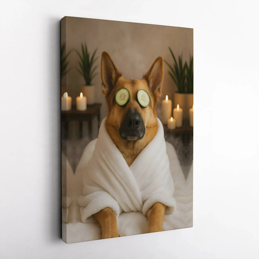 German Shepherd Spa Wall Art | Funny Dog in Bathrobe Cucumber Print | Premium Gallery Wrapped Canvas | Perfect Gift for Dog Lovers & Home Decor