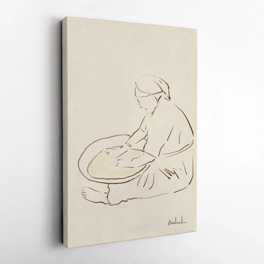 Woman Sifting Grain Canvas Wall Art | Minimalist Line Drawing Sketch | Premium Gallery Wrap 1.25" Depth | Modern Farmhouse Living Room Decor Gift