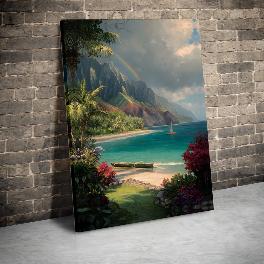 Tropical Hawaiian Coast Canvas Print | Nā Pali Coast Landscape Painting | Premium Gallery Wrapped Canvas | Coastal Living Room Decor Gift