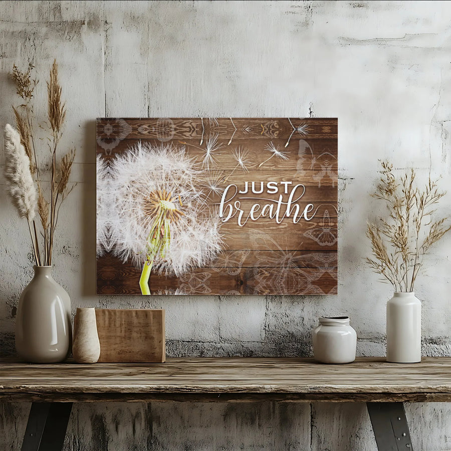 Inspirational Just Breathe Canvas Wall Art | Rustic Dandelion Print on Wood Background | Premium Gallery Wrap Canvas | Mindfulness Decor Gift for Home