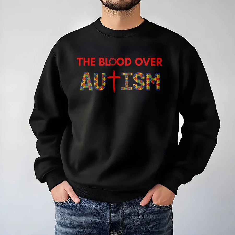 Blood Over Autism Sweatshirt | Christian Puzzle Piece Cross Graphic Tee | Soft Cotton-Poly Blend | Faith Based Autism Awareness Gift