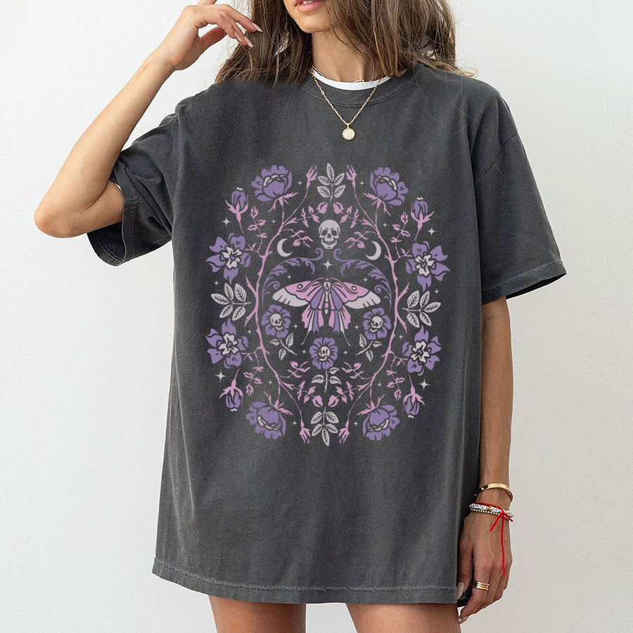 Gothic Moth T-Shirt | Pastel Goth Floral Skull Graphic | Premium Soft Cotton | Dark Academia Gift for Alt Style Lovers