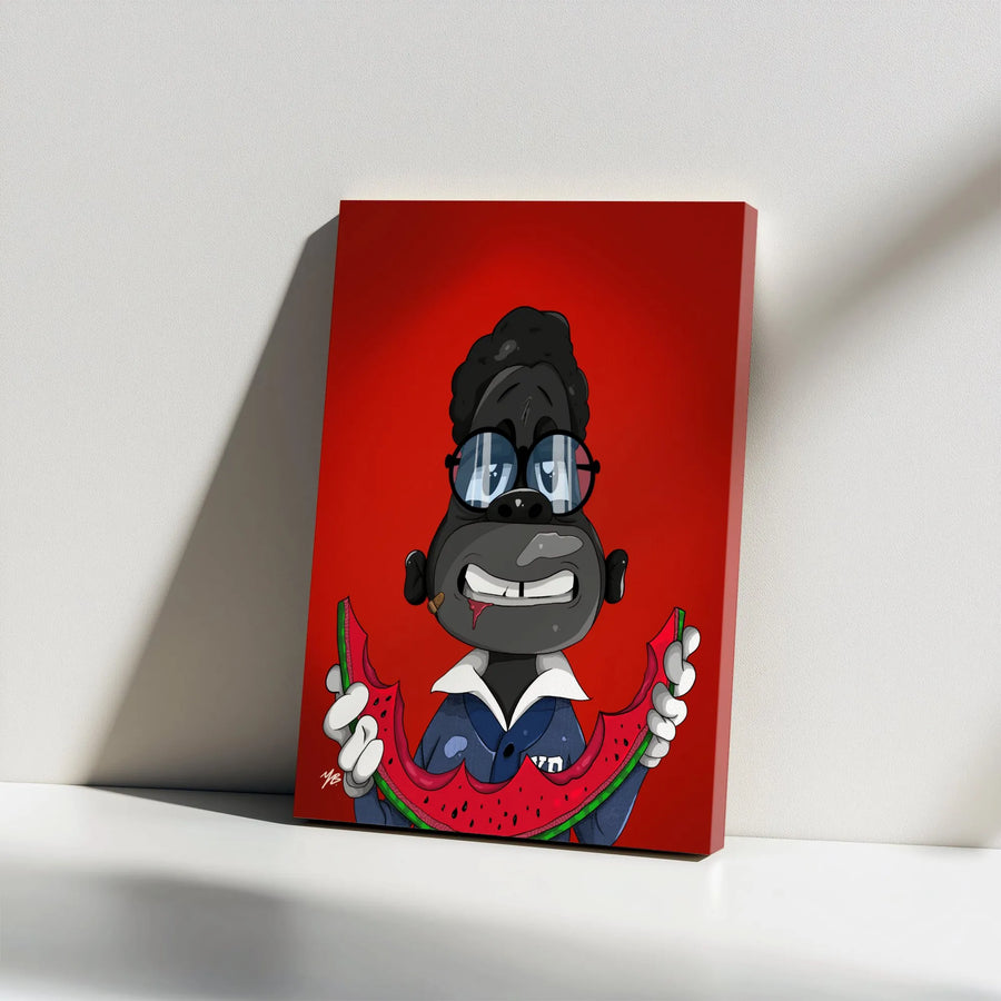 Cartoon Gorilla Canvas Print | Urban Street Art Ape with Watermelon | Premium Gallery Wrapped Canvas | Modern Pop Art Decor Gift for Him