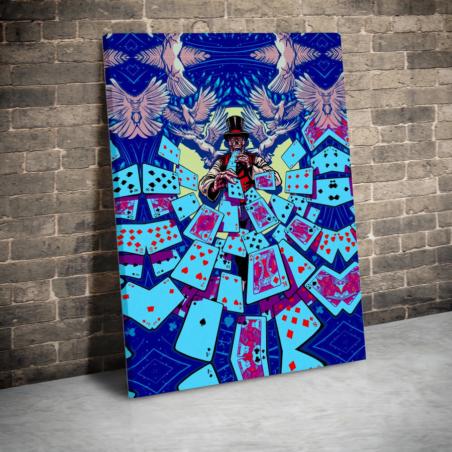 Magic Skeleton Canvas Print | Surreal Playing Card Magician | Premium Fade-Resistant Print | Gift for Poker Player, Game Room Decor