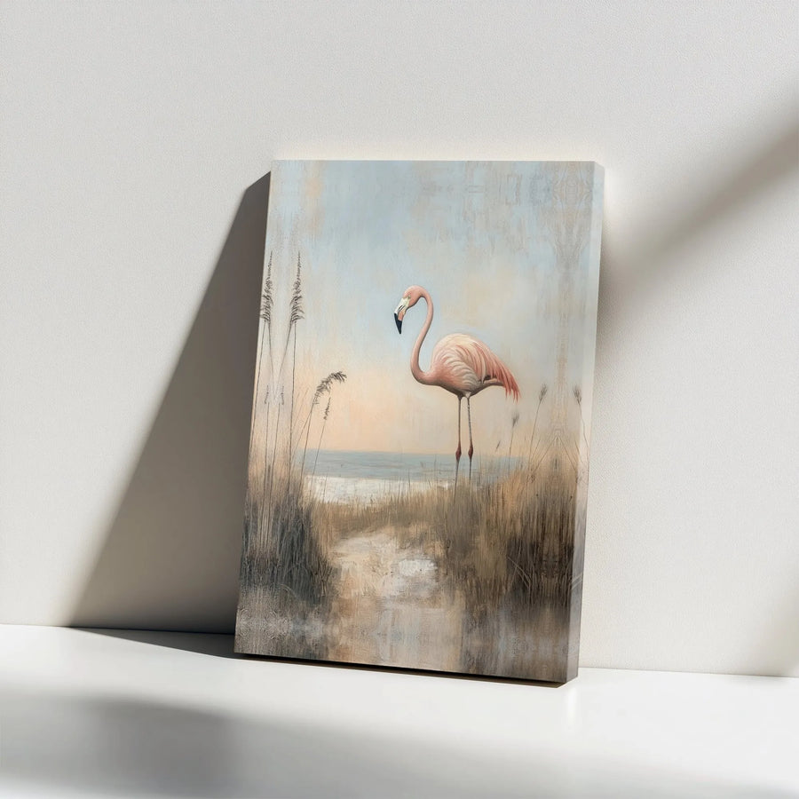 Flamingo Canvas Wall Art | Vintage Coastal Bird Painting | Premium Gallery Wrapped Canvas | Nautical Home Decor Gift
