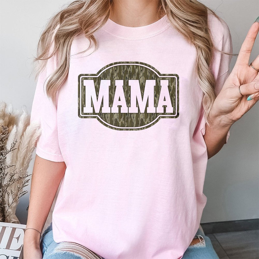 Mama Camo Print T-Shirt | Retro Woodland Pattern Graphic | Premium 100% Cotton Comfort | Trendy Gift for New Moms and Wife