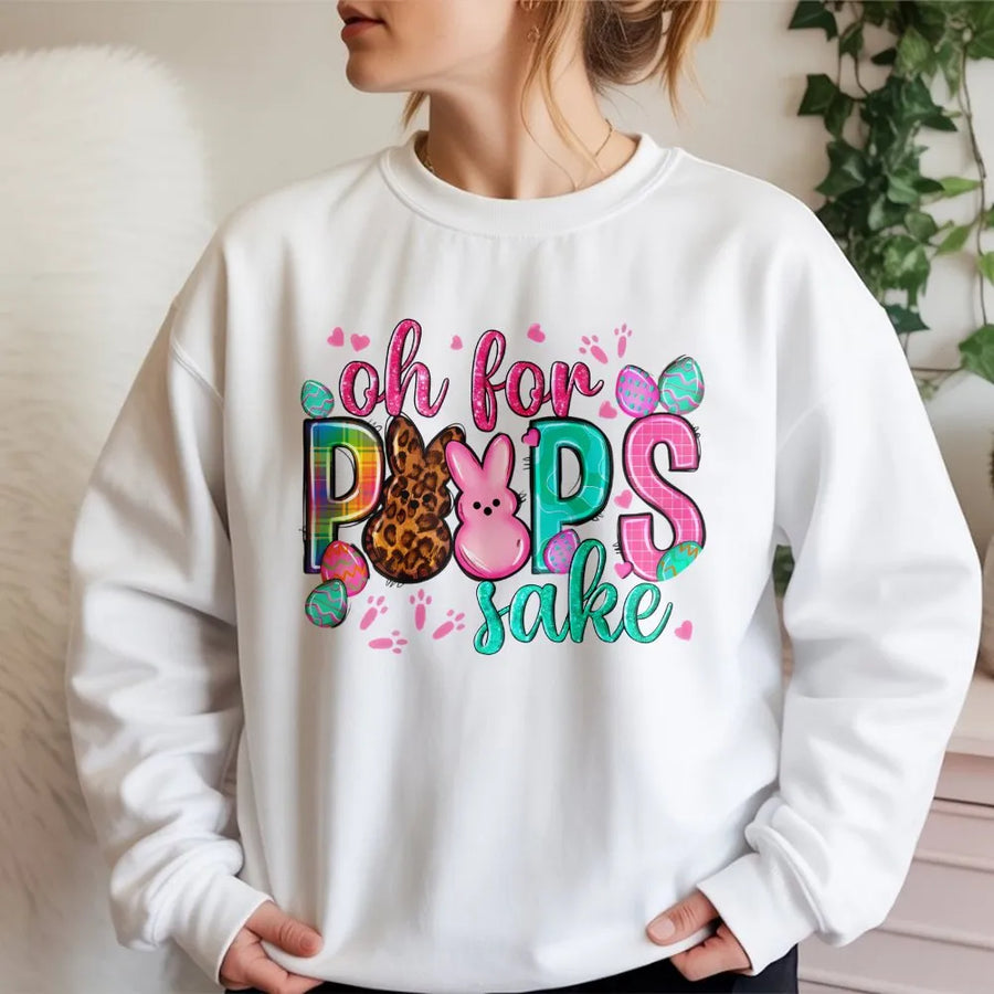Oh For Peeps Sake Easter Sweatshirt | Leopard Bunny Graphic Pullover | Soft Cotton Blend Unisex Crewneck | Cute Holiday Gift For Women