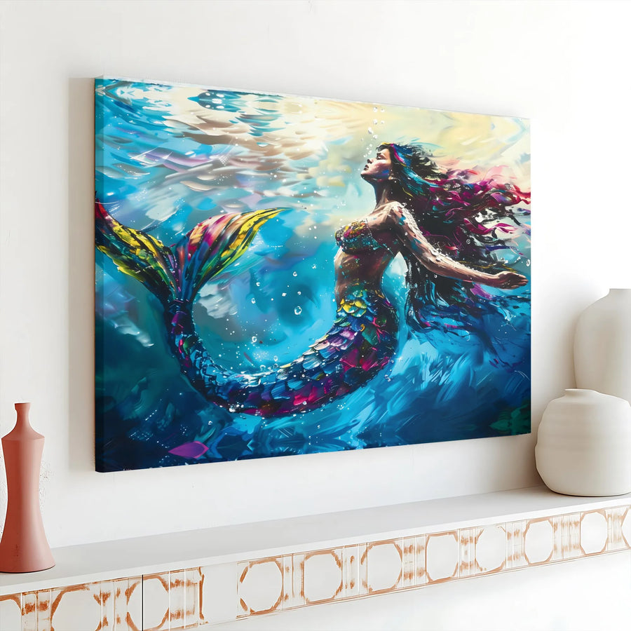 Colorful Mermaid Canvas Wall Art | Vibrant Underwater Fantasy Painting | Premium Gallery Wrapped Print | Nautical Bathroom Decor Gift
