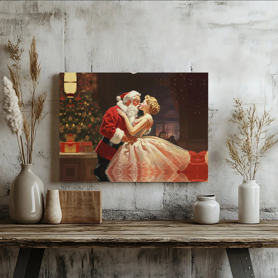 Vintage Santa Claus Kissing Woman Canvas Art | Retro Holiday Romantic Wall Decor | Premium 1.25" Gallery Wrap | Festive Christmas Gift for Home