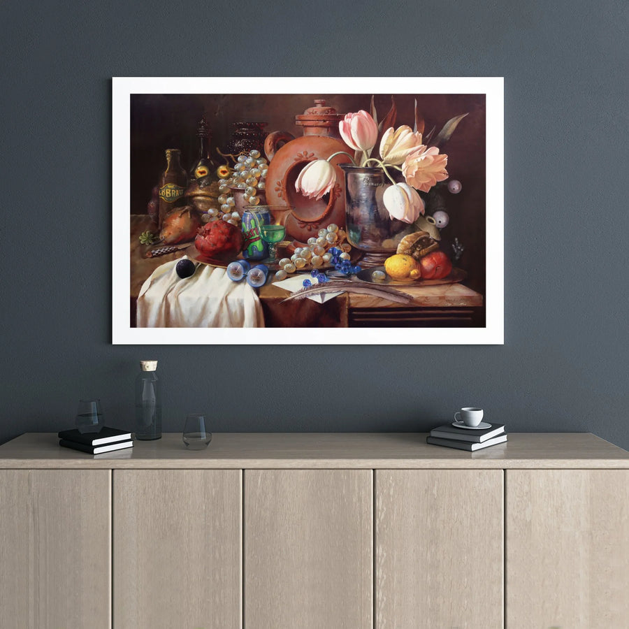 Classical Still Life Canvas Print | Dutch Master Floral & Fruit Art | 1.25 Inch Gallery Wrap | Kitchen Dining Room Wall Decor