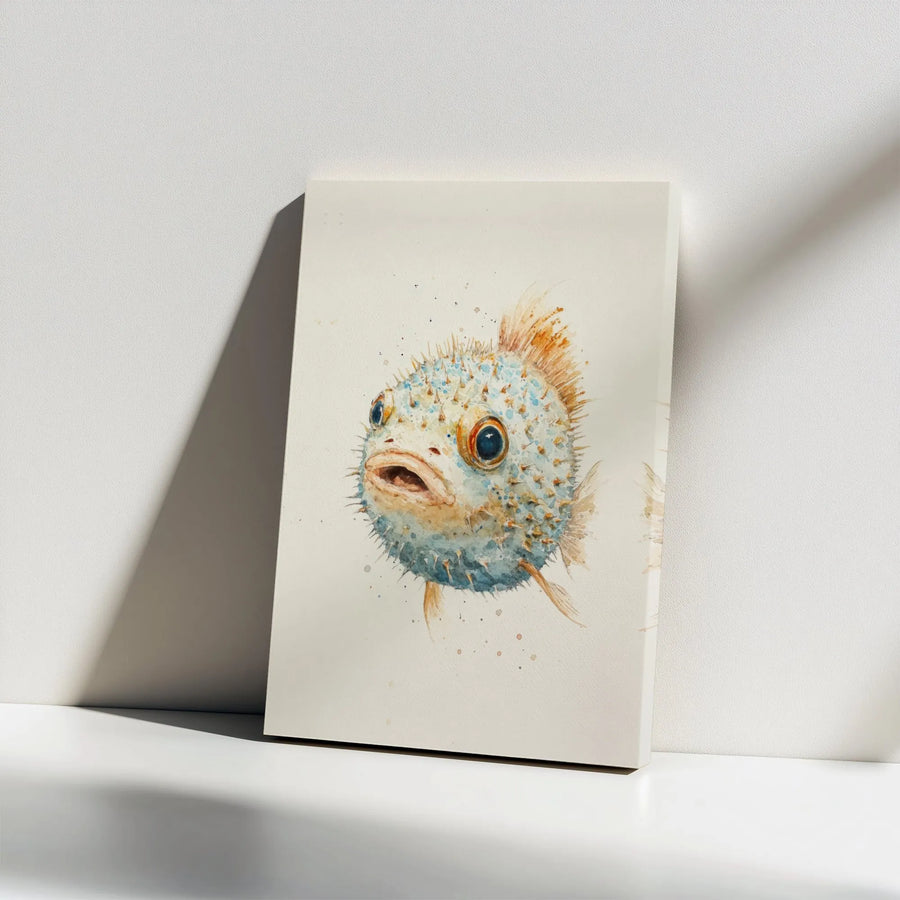 Cute Pufferfish Canvas Print | Watercolor Ocean Life Wall Art | 1.25 Inch Gallery Wrap | Coastal Nursery & Beach House Decor