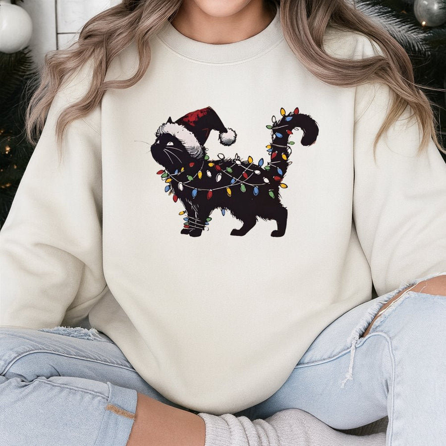 Cat Christmas Sweatshirt | Funny Black Cat In Holiday Lights Design | Soft Cotton Blend Fleece | Gift For Cat Lovers & Cat Moms