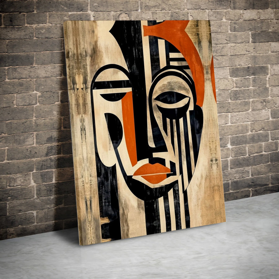 Abstract Face Canvas Wall Art | Unique Cubist Portrait with Wood Texture | Premium Gallery Wrapped Print | Modern Statement Decor for Home or Office