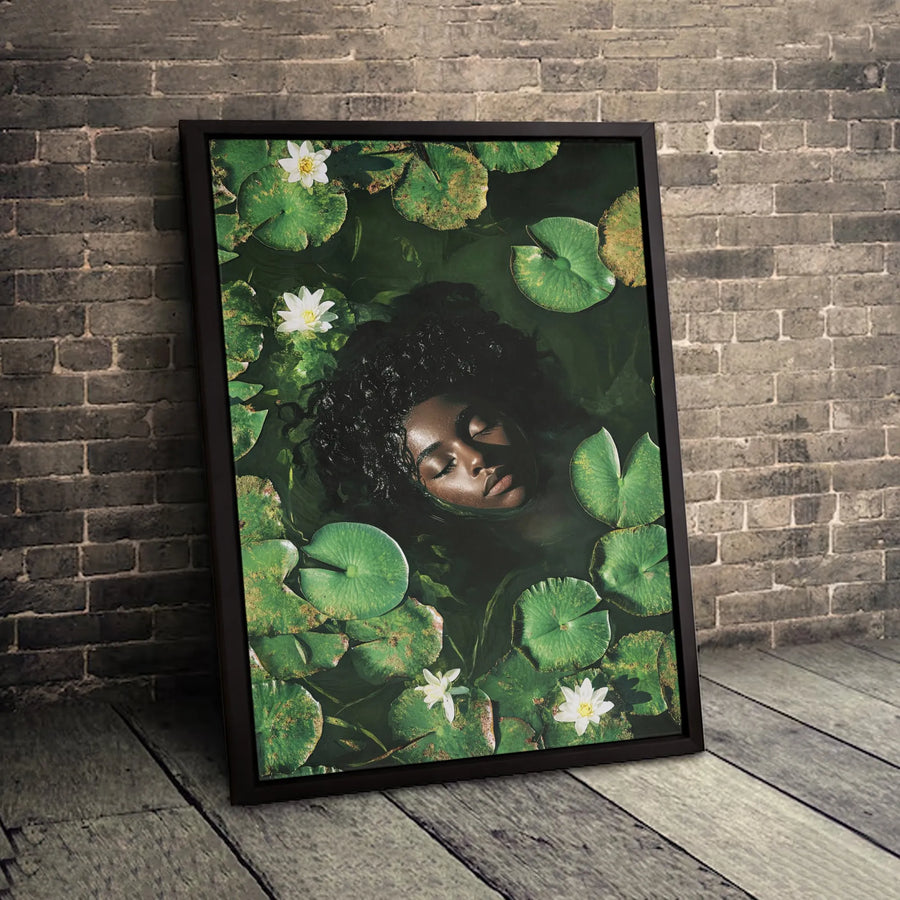 Black Woman Portrait Wall Art | Serene Water Lily Pond Nature Print | Gallery-Quality 1.25" Canvas | Premium Home Decor Gift for Her