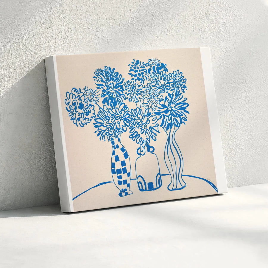 Modern Floral Line Art Canvas Wall Art | Minimalist Blue Still Life with Three Vases | Premium 1.25" Gallery Wrapped Canvas | Modern Boho Living Room Decor Gift