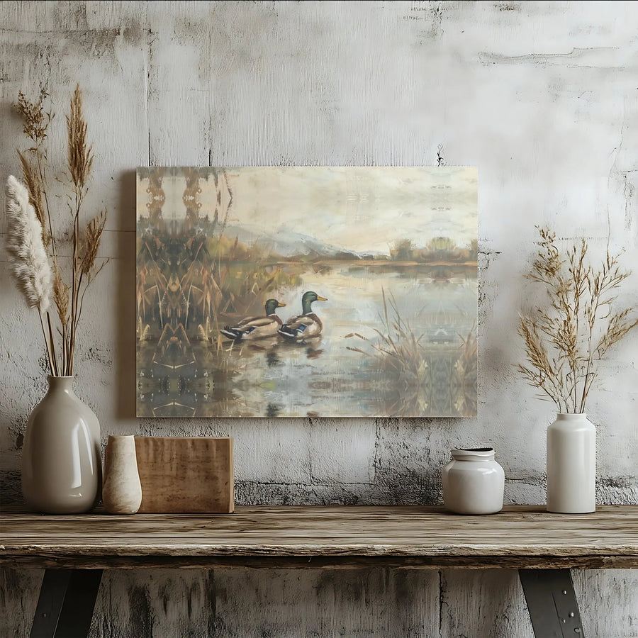 Mallard Duck Pond Canvas Wall Art | Vintage Style Nature Landscape | Premium Fade-Resistant Gallery Wrap | Rustic Home & Office Decor