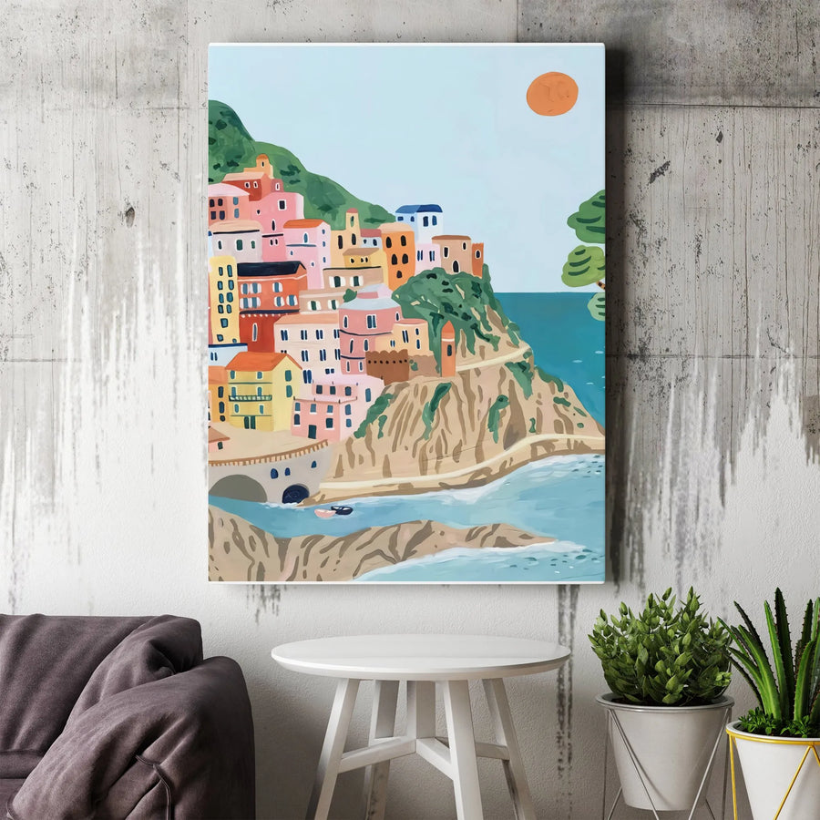 Italian Coastal Village Canvas Print | Mediterranean Amalfi Coast Illustration | Gallery Wrap Premium Wall Art | Aesthetic Travel Home Decor Gift