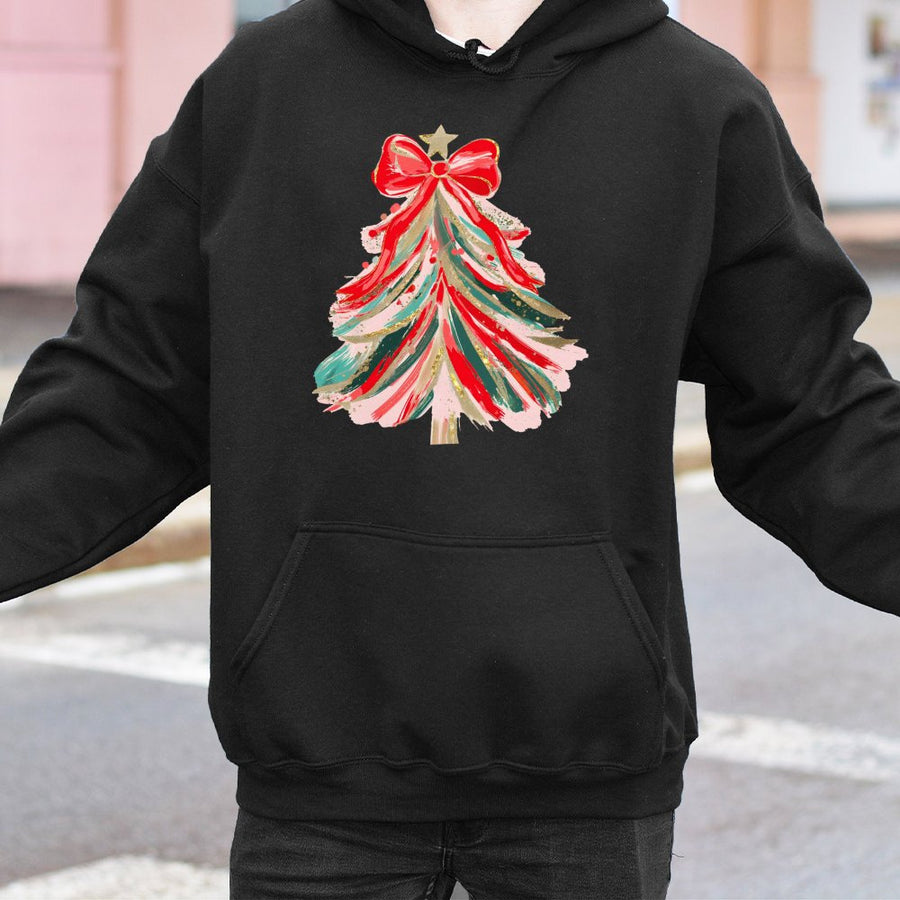 Coquette Christmas Tree Hoodie | Painted Holiday Bow Graphic | Premium Cotton Blend | Aesthetic Winter Sweatshirt Gift for Women