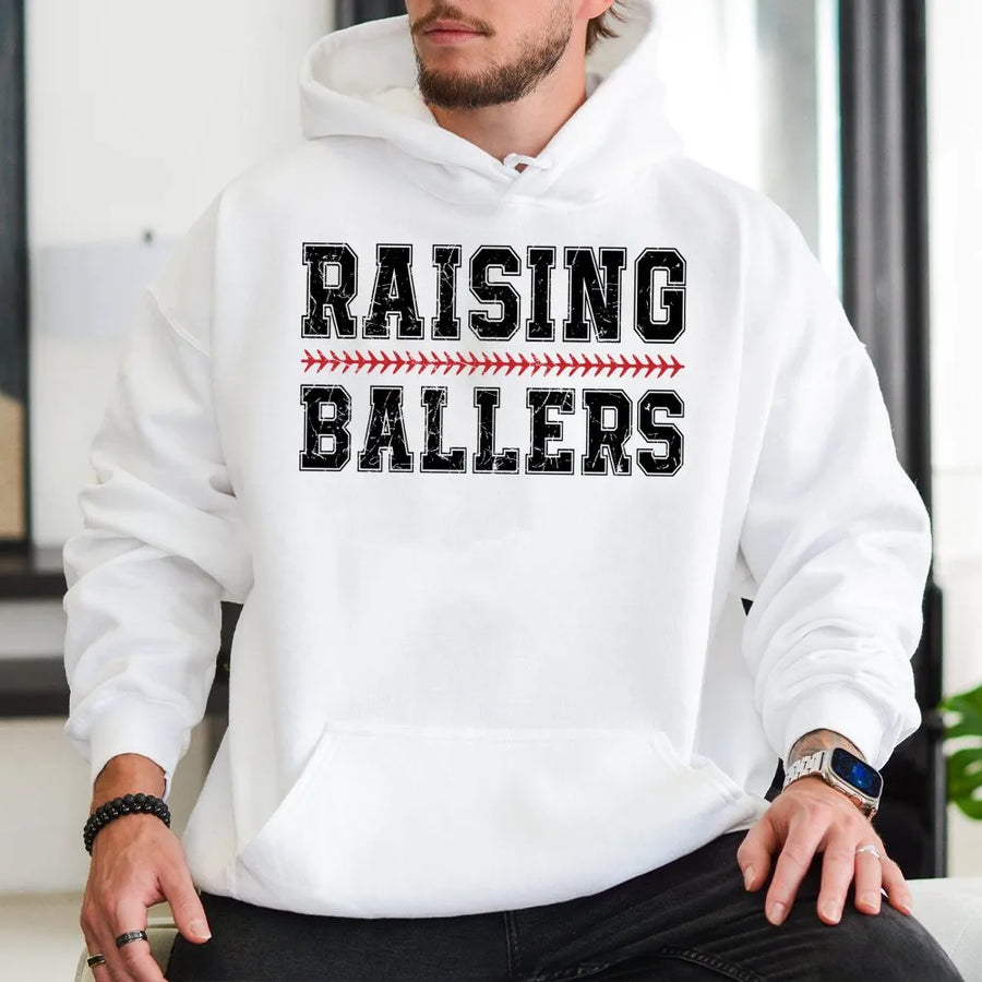 Raising Ballers Hoodie | Distressed Baseball Mama Graphic | Premium Cotton Blend | Baseball Mom Gift for Game Day Season