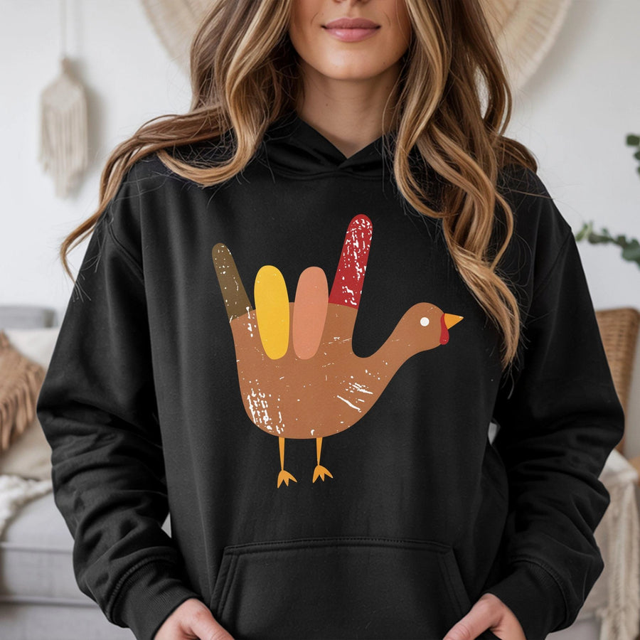 Funny Turkey Hoodie | Rockin Sign Thanksgiving Graphic | Premium Cotton Blend | Unisex Holiday Gift for Men and Women