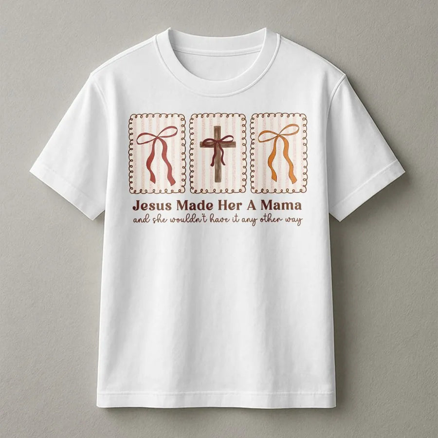 Christian Mama T-Shirt | Coquette Bow Cross Graphic | Soft Cotton Blend | Religious Gift for New Mom