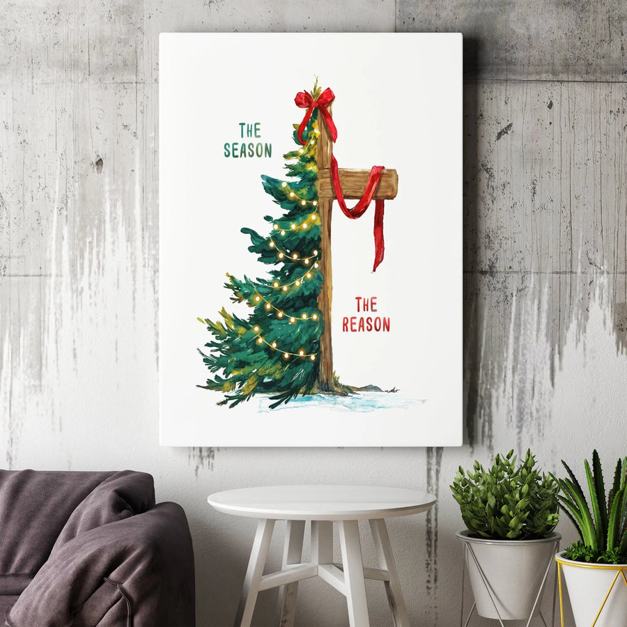 The Season The Reason Christmas Canvas Wall Art | Christian Cross and Pine Tree Design | Premium Gallery Wrap Decor | Religious Holiday Gift for Home