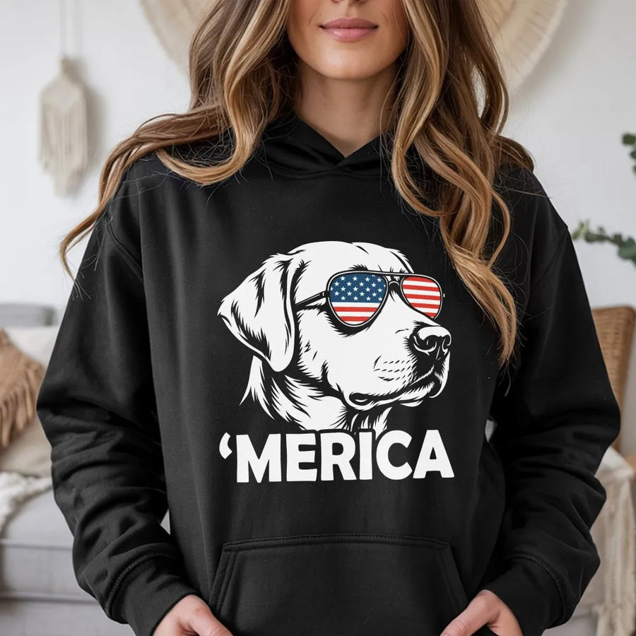'Merica Dog Hoodie | Labrador with American Flag Sunglasses | Premium Graphic Sweatshirt | Patriotic 4th of July Gift for Dog Lover