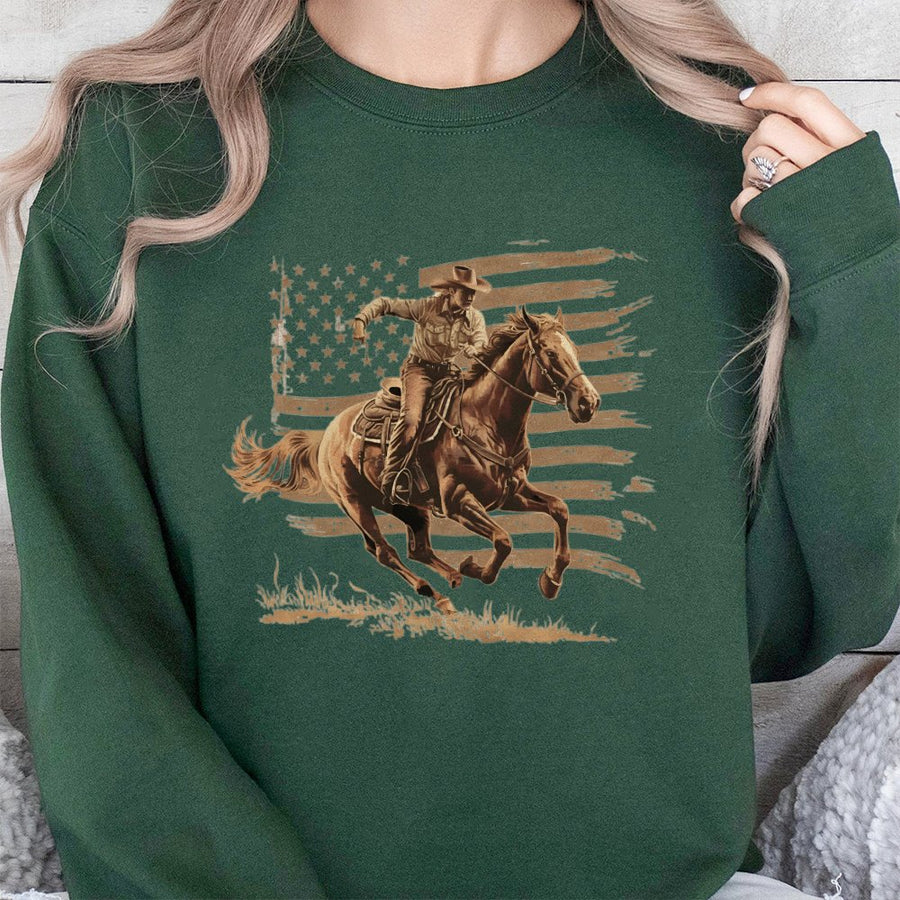 Western Cowboy Horse Sweatshirt | Patriotic American Flag Graphic | Premium Cotton Blend Crewneck | Unisex Country Style Gift for Men and Women