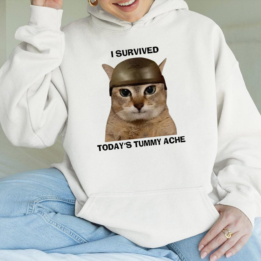 I Survived Today's Tummy Ache Hoodie | Funny Cat Meme Graphic Sweatshirt | Premium Cotton Blend | Gift for Cat Lovers & Gen Z Humor Fans