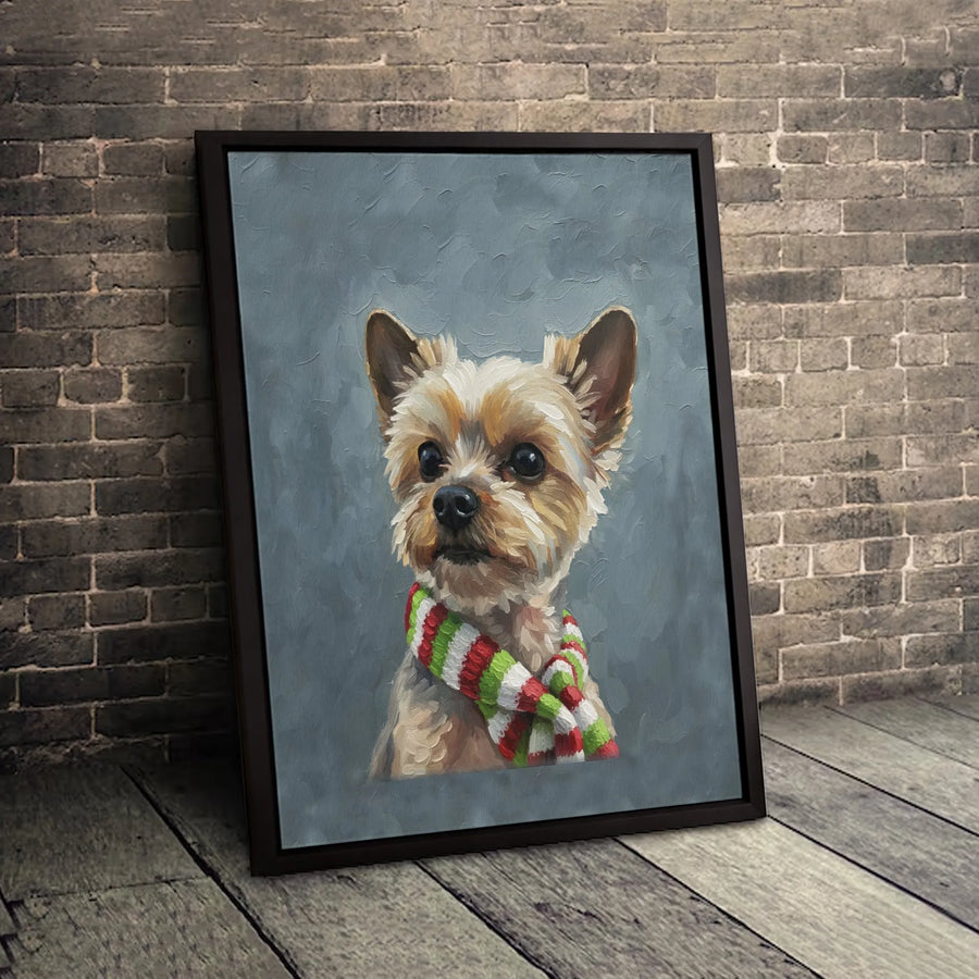 Yorkshire Terrier Canvas Wall Art | Dog Wearing Christmas Scarf Portrait | Premium Gallery Wrapped Print | Festive Holiday Home Decor Gift