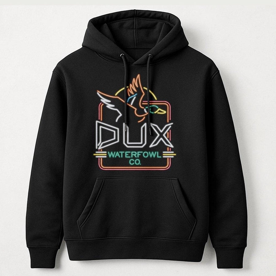 Dux Waterfowl Hoodie | Neon Duck Logo Graphic Print | Premium Cotton-Poly Blend | Gift for Duck Hunters and Outdoor Enthusiasts