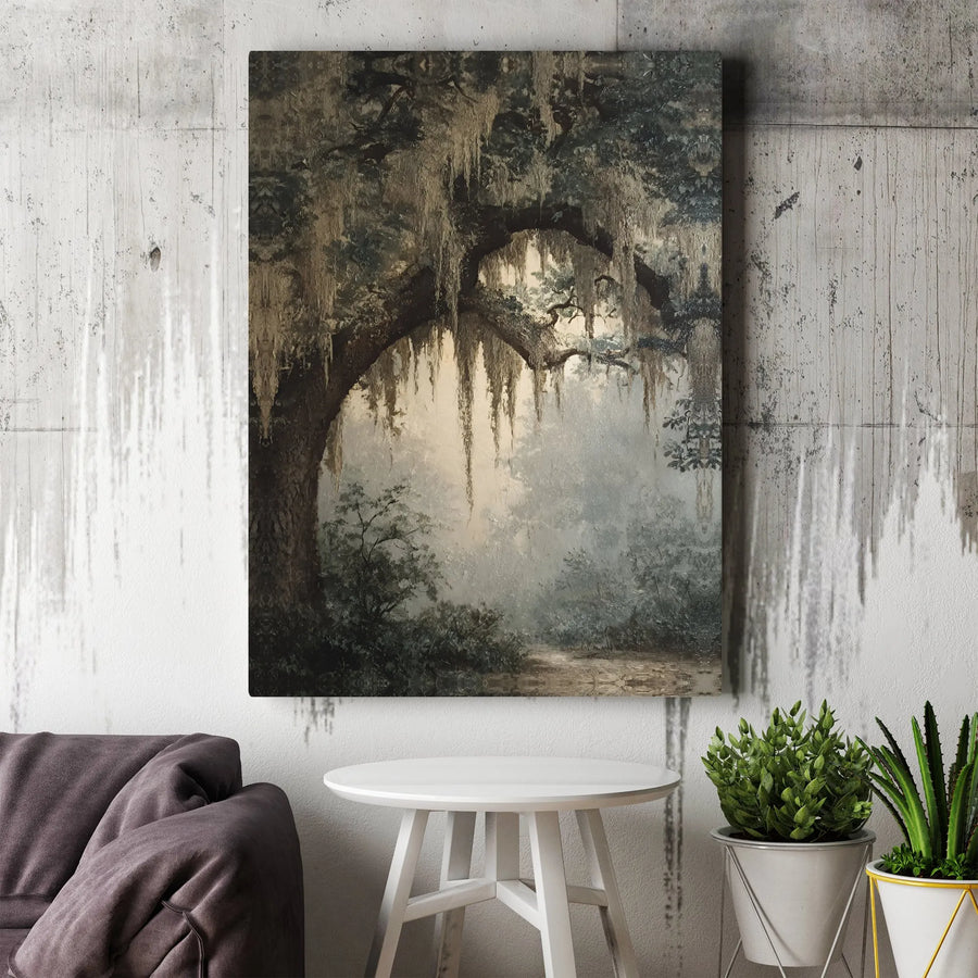 Southern Oak Tree Canvas Art | Misty Spanish Moss Landscape | Premium Gallery-Wrapped Print | Moody Nature Wall Decor for Living Room