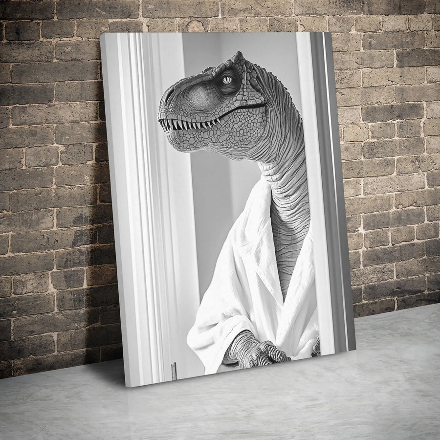 T-Rex Canvas Wall Art | Funny Dinosaur Wearing Bathrobe | Premium Gallery Wrap Print | Modern Quirky Home Decor Gift