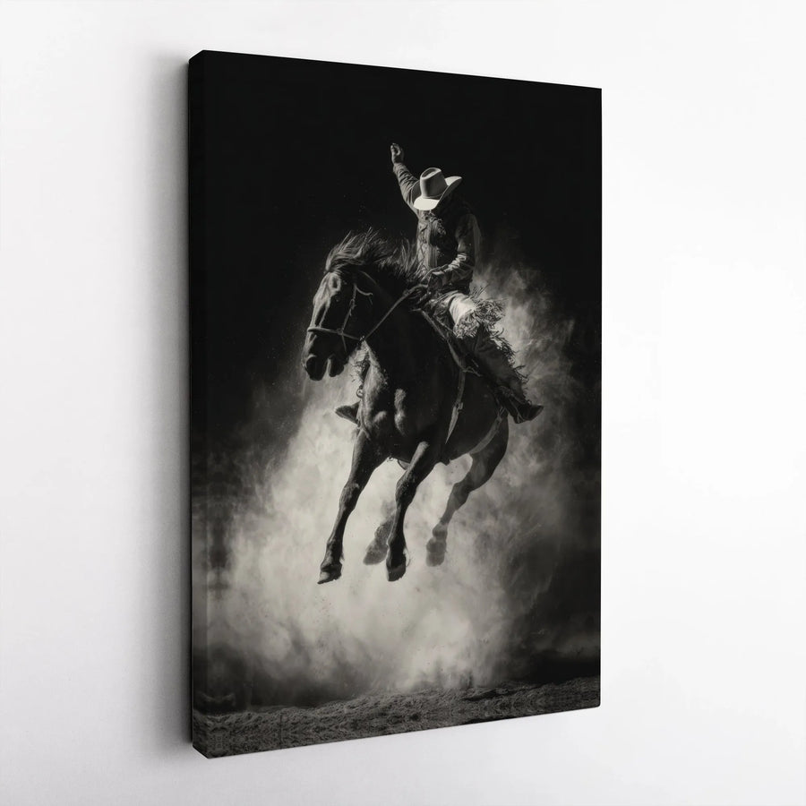 Western Cowboy Wall Art | Black and White Bucking Horse Canvas Print | Premium Gallery Wrapped Decor | Rodeo Gift for Him