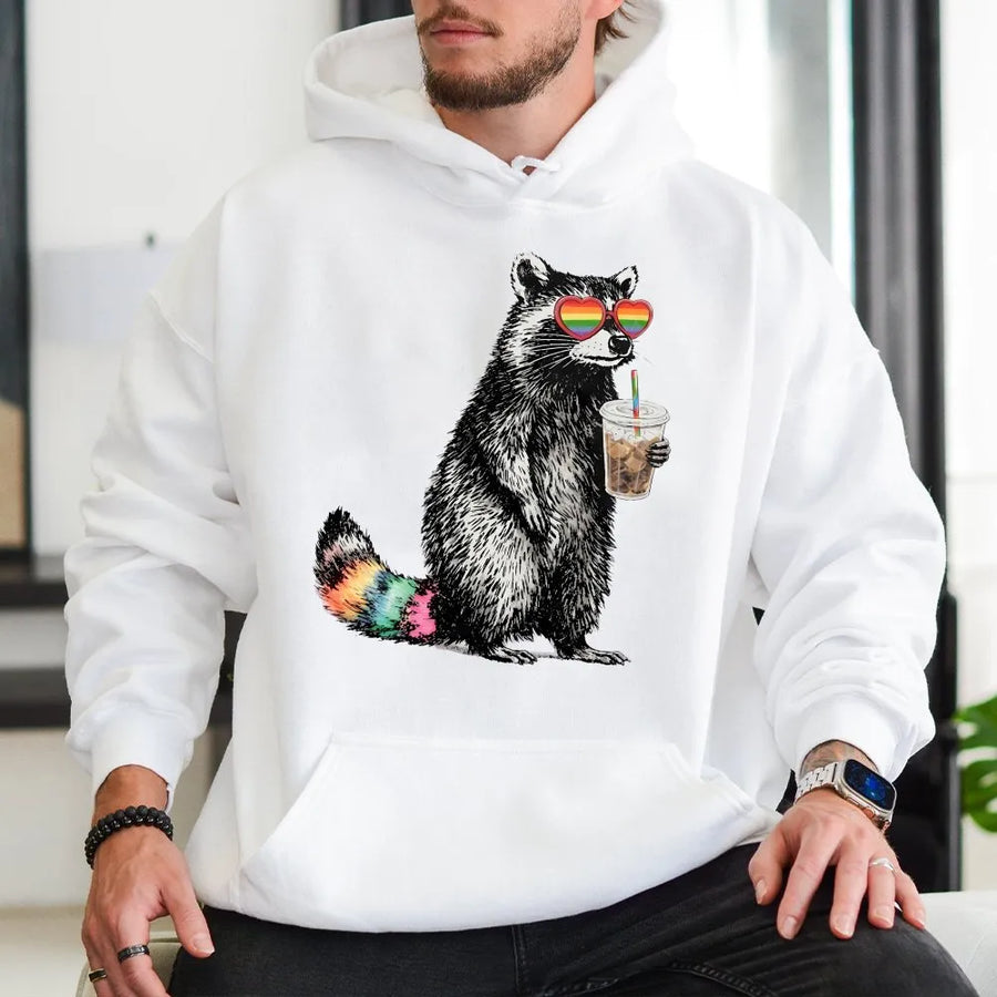 Funny Raccoon Pride Hoodie | Rainbow Glasses & Iced Coffee Graphic | Premium Cotton Blend | LGBTQ Pride Month Gift