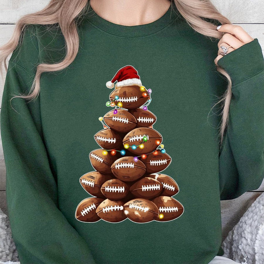 Football Christmas Tree Sweatshirt | Santa Hat Graphic Sport Holiday Print | Premium Cotton Blend Cozy Crewneck | Funny Gift for Football Fans