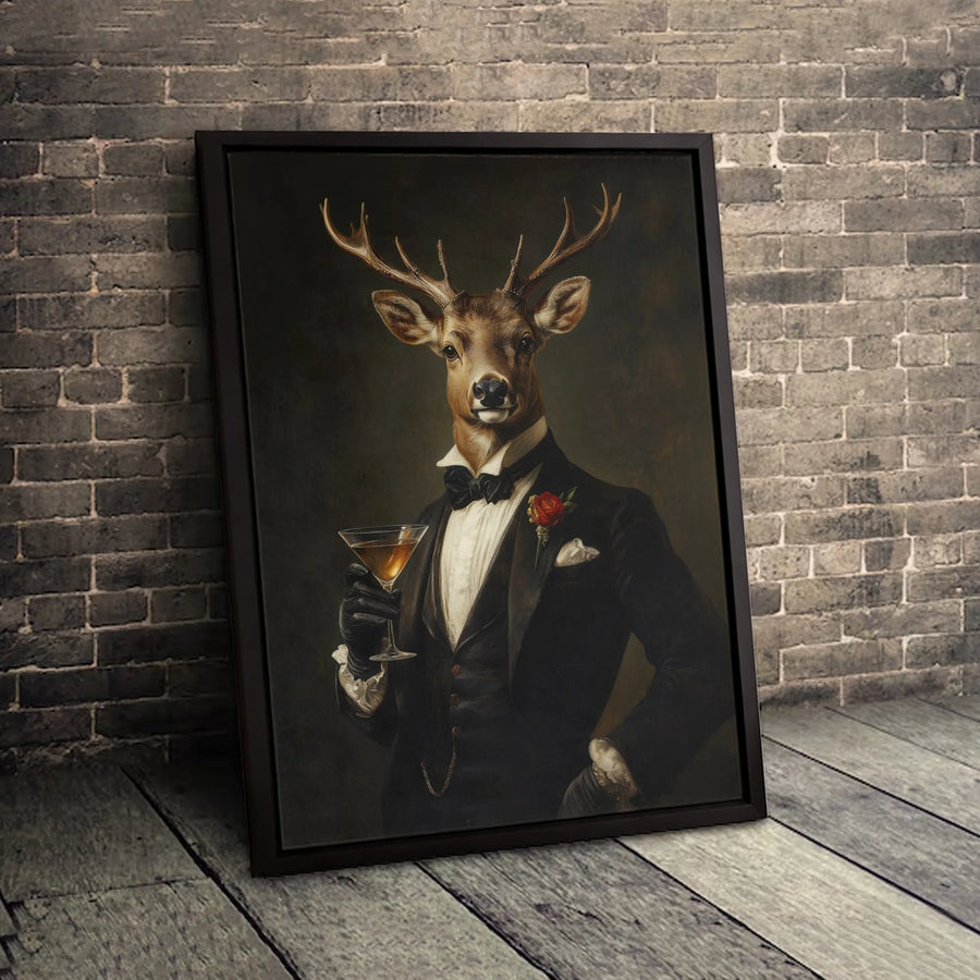 Dapper Deer in Tuxedo Wall Art | Sophisticated Martini Drinking Animal Portrait | Premium Gallery-Wrapped Canvas | Unique Home Office Decor Gift