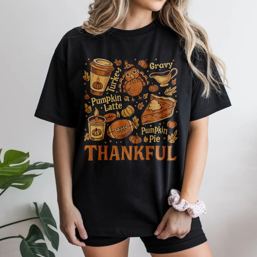 Thankful Thanksgiving T-Shirt | Retro Fall Graphic Aesthetic | Premium Cotton Holiday Apparel | Cute Turkey Pumpkin Pie Gift For Women & Family