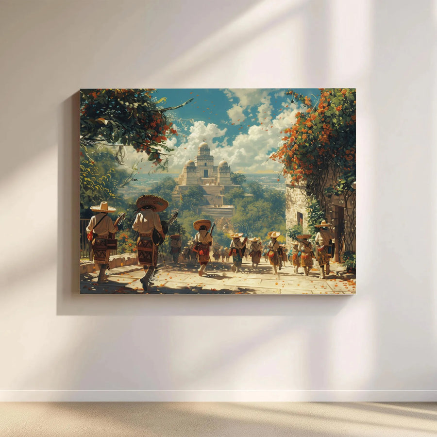 Mexican Mariachi Musicians Wall Art | Ancient Pyramid Temple Procession | Premium Gallery-Wrapped Canvas | Vibrant Cultural Heritage Home Decor Gift
