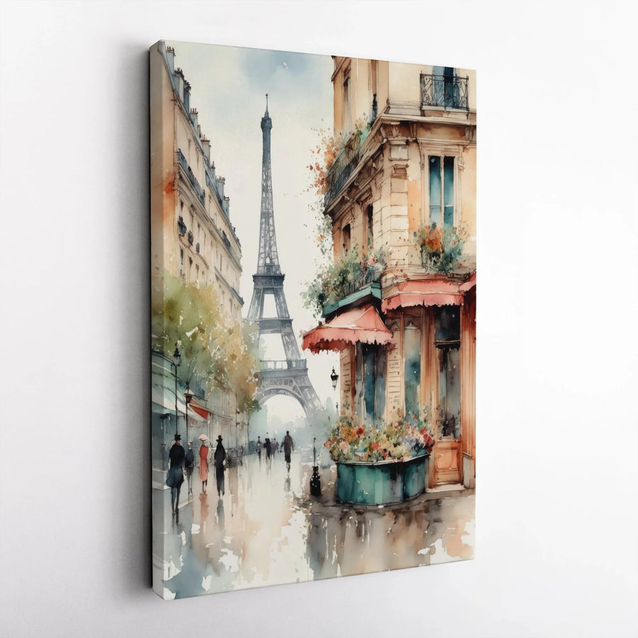 Paris Watercolor Canvas Print | Romantic Eiffel Tower Street Scene | Premium Gallery Wrapped Canvas | French Inspired Home Decor Gift